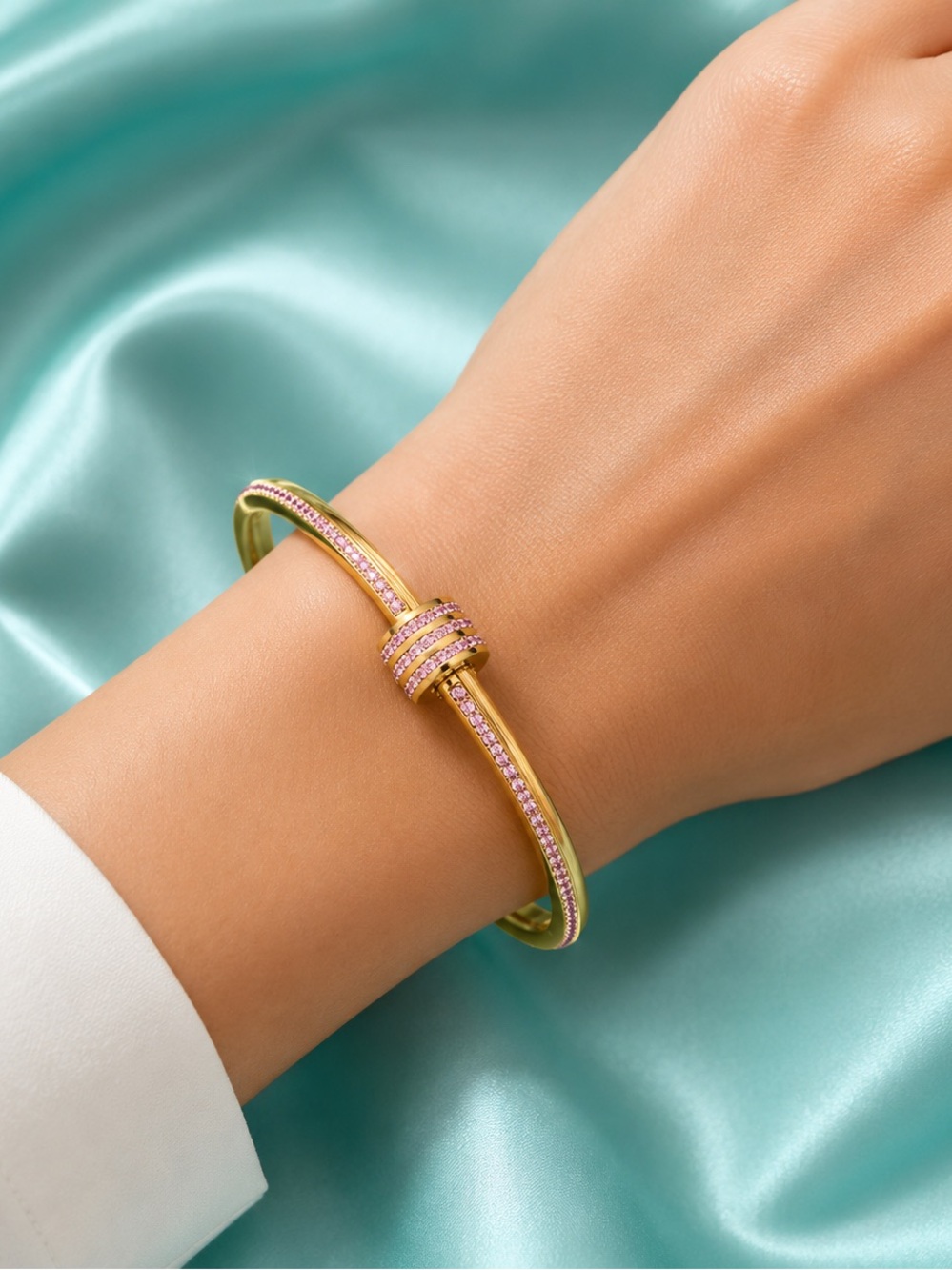 Sparkling Pink Crystal Gold Bangle Bracelet